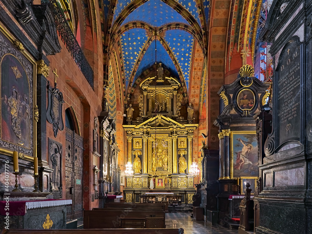 Krakow, Poland. Altar of St. Stanislaus in the northern nave of St. Mary's Basilica (Church of Our Lady Assumed into Heaven). The altar dates back to 1675.