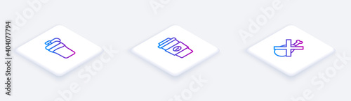 Set Isometric line Fitness shaker, Coffee cup to go and No meat. White square button. Vector.