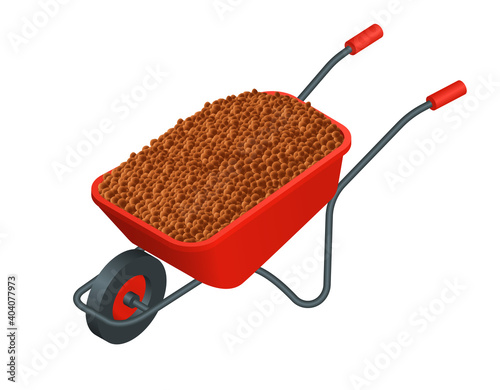 Isometric vector illustration expanded clay aggregate on wheelbarrow isolated on white background. Realistic wheelbarrow with expanded clay drainage vector icon in flat cartoon style.