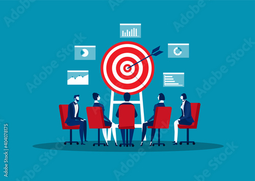Team Business working on table with dartboard target. Business leadership, cooperation, partnership,  team work symbol. Flat vector illustration