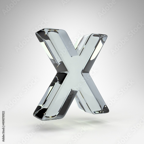 Letter X uppercase on white background. Camera lens transparent glass 3D rendered font with dispersion.