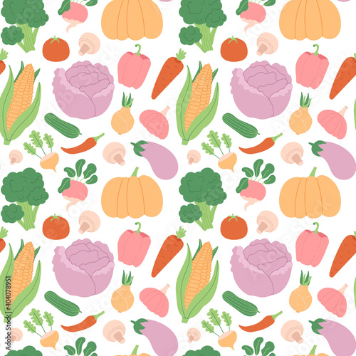 Vector Seamless Vegetable Pattern in Flat Hand Drawn style.Ornament with Vegetarian Healthy Food. Illustration for Design, Wallpaper, wrapping Paper, Textile, Fabric.