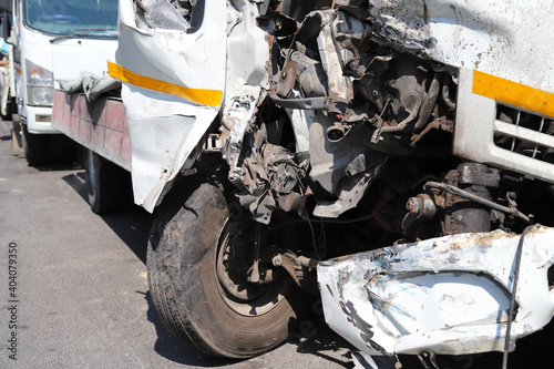 Closeup of front side of damaged truck car from heavy traffic accident. 