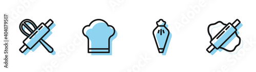 Set line Pastry bag, Kitchen whisk and rolling pin, Chef hat and Rolling on dough icon. Vector.