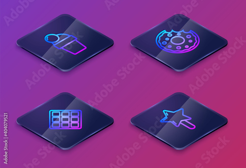 Set Isometric line Ice cream, Waffle, Donut and Lollipop. Blue square button. Vector.