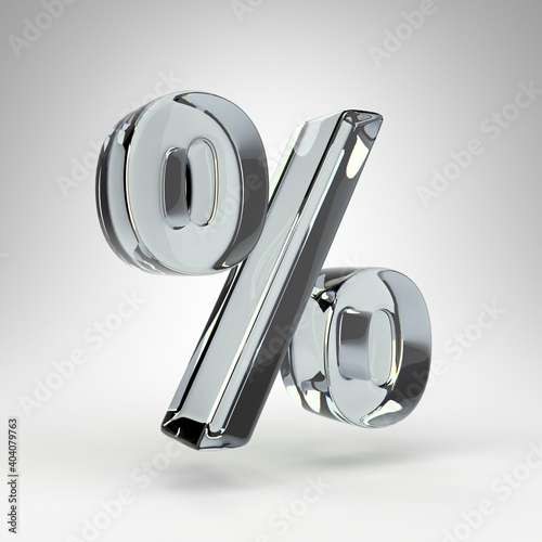 Percent symbol on white background. Camera lens transparent glass 3D rendered sign with dispersion.