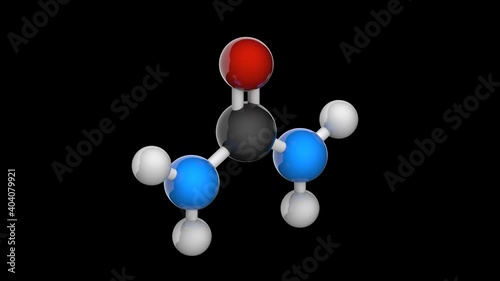 Urea, also known as carbamide, is an organic compound with the chemical formula CH4N2O. 3D render. Seamless loop. Isolated and rotating on black background. Ball and Stick chemical structure model. photo