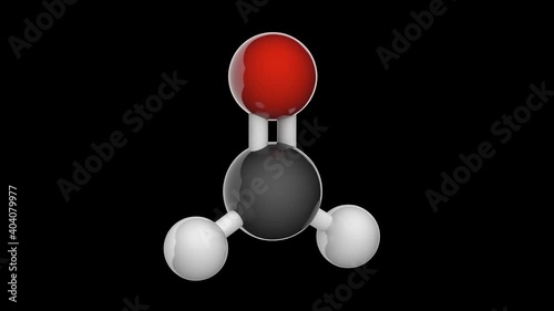 Formaldehyde is a naturally occurring organic compound with the formula H2CO or CH2O. 3D render. Seamless loop. Isolated and rotating on black background. Ball and Stick chemical structure model.