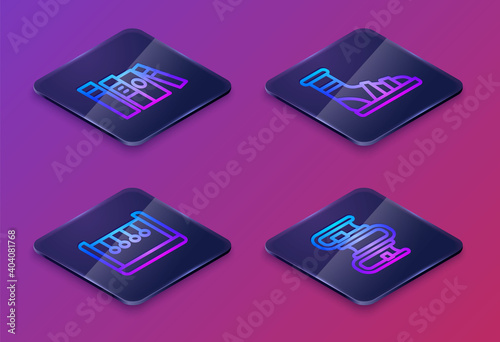 Set Isometric line Book, Pendulum, Slippers with socks and . Blue square button. Vector.