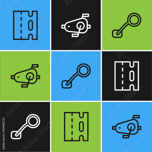 Set line Bicycle lane, rear view mirror and pedals icon. Vector.