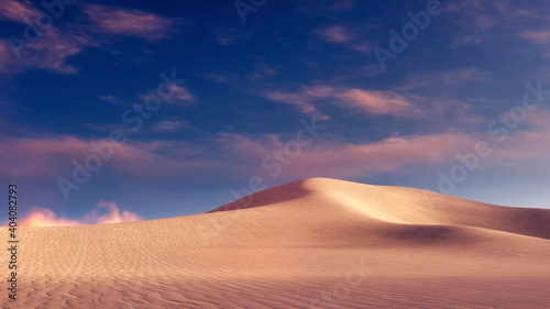 Abstract desert landscape with massive sandy dunes under scenic cloudy sky at sunset or sunrise. With no people minimalist wilderness scenery 3D illustration from my 3D rendering file.