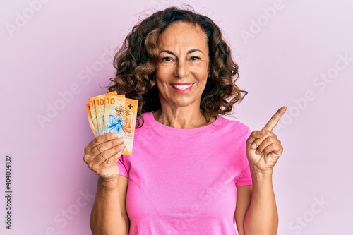 Middle age hispanic woman holding swiss franc banknotes smiling happy pointing with hand and finger to the side