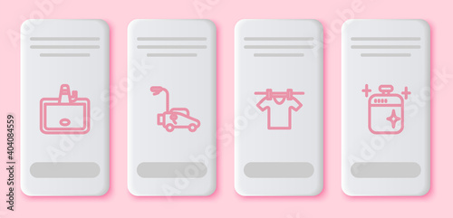 Set line Washbasin, Lawn mower, Drying clothes and Clean cooking pot. White rectangle button. Vector.