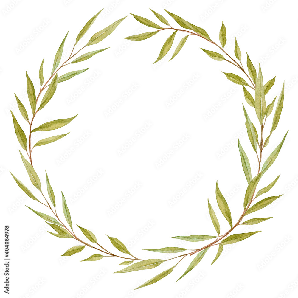 Greenery chaplet watercolor illustration. Hand painted holiday wreath with olive leaves isolated on white background.