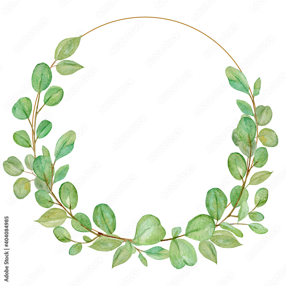 Chaplet with eucalyptus watercolor illustration. Hand painted holiday wreath with greenery isolated on white background.