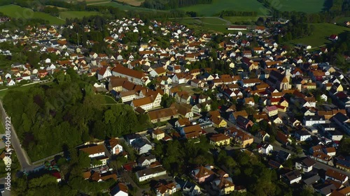 Aerial view of the city Pöttmes in Germany on an early morning in spring. photo