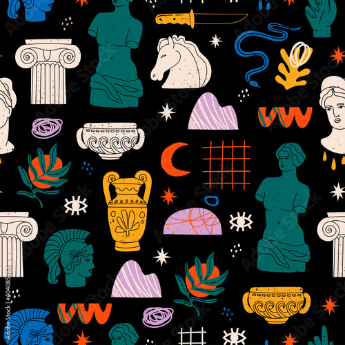 Various colored Antique statues. Heads of woman, knight, horse. Branch, amphora, hand. Mythical, ancient greek style. Hand drawn Vector illustration. Square Seamless pattern. Background, wallpaper