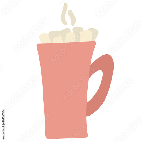 Ceramic pink cup, marshmallow mug, steam. The isolated object on a white background. Coffee, tea, cocoa. Vector illustration. Drawn by hands. Hand drawn.