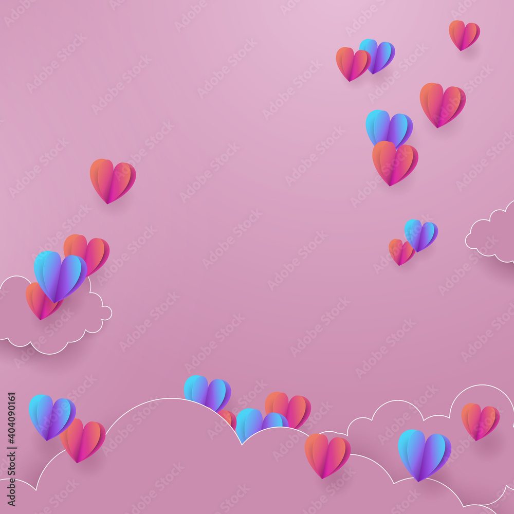Valentines day with heart balloons flying and clouds. Paper cut style. Vector illustration
