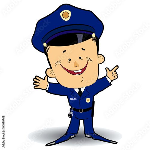 Smiling policeman points with hand.
Vector illustration of an employee, a symbolic image of a person in action.
