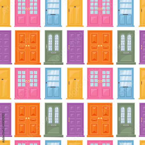 Vector Seamless Pattern of Entrance Double Doors and Doors with Glass Windows.Colorful Front Elements of the Building and Architecture.Illustration for Print,textile,Wrapping Paper,Wallpaper,Design.