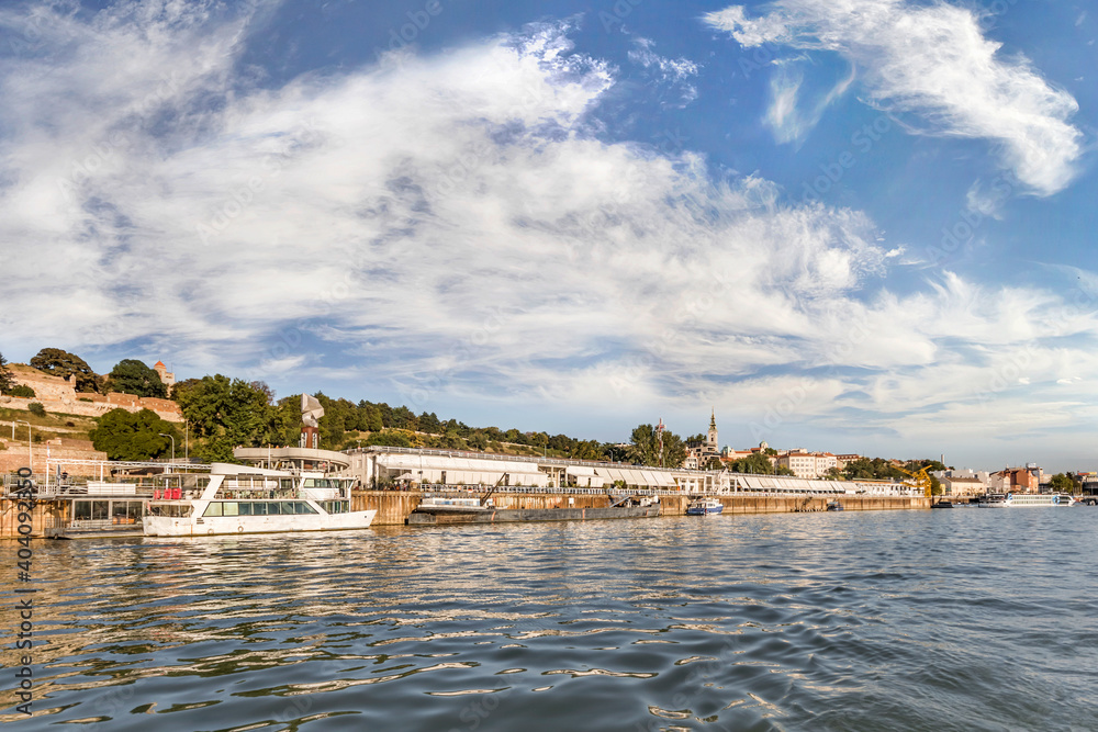 Belgrade Tourist Nautical Port on Sava River with Kalemegdan Park and Medieval Fortress Rampart Detail