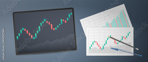Tablet with uptrend line chart, histogram and bull market stock numbers. Letterheads with business charts. Vector.