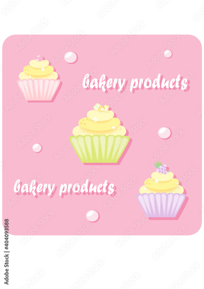Vector illustration of cupcakes on a pink background. Cupcakes with different fillings. Baking product label. Cupcakes. Vector illustration of cupcakes on a pink background. Cupcakes with different fillings. Baking product label. Cupcakes.