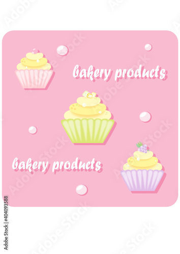  Vector illustration of cupcakes on a pink background. Cupcakes with different fillings. Baking product label. Cupcakes.