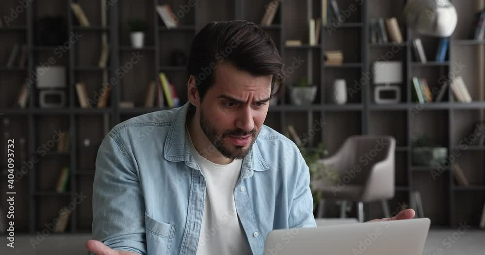 Man sit at desk work on laptop feels angry due no internet access, verification password problem, lost unsaved information, annoyed with spam messages, bad email news, malfunction need repair concept