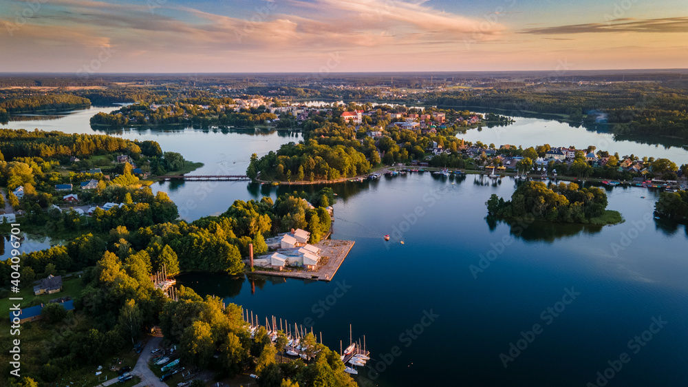 Aerial view of lake Galve in Trakai by drone