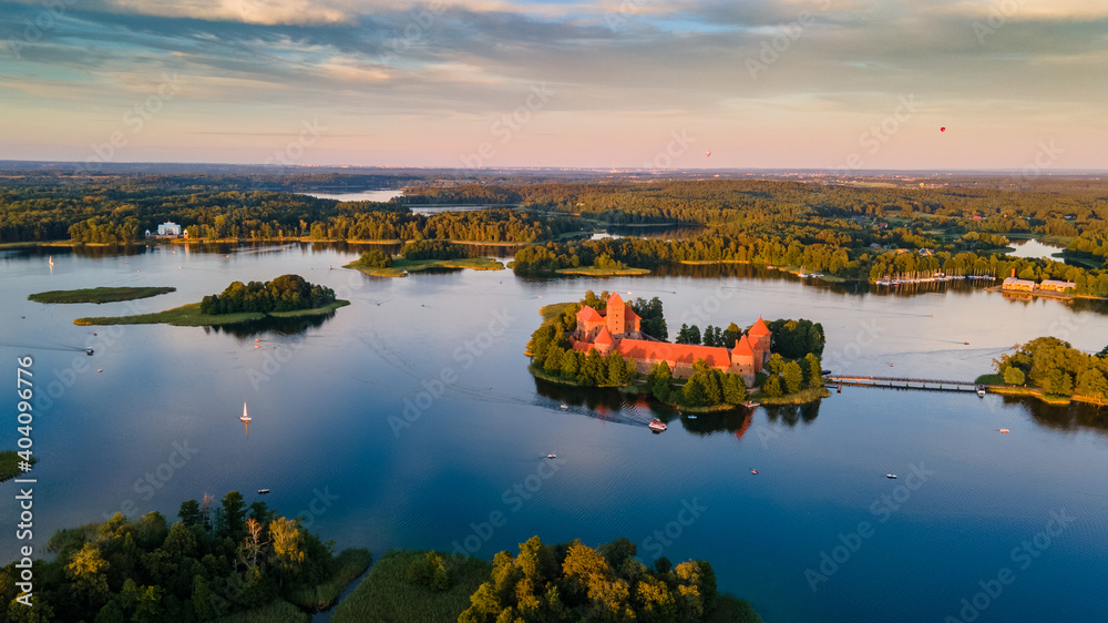 Aerial view of Trakai castle in the island of the lake Galve by drone