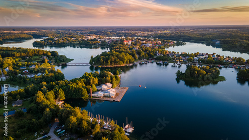 Aerial view of lake Galve in Trakai by drone