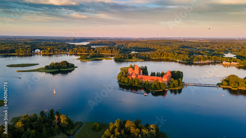 Aerial view of Trakai castle in the island of the lake Galve by drone © Romas