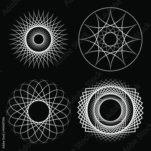 Set of white geometric ornaments over white background. Design element for frame, logo, blackout tattoo, sign, symbol, web pages, prints, posters, pattern and abstract background