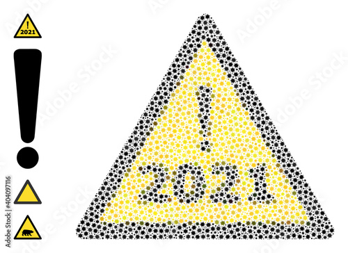 Vector 2021 year warning icon covid collage. 2021 year warning mosaic is composed of small covid infection parts. Image is done for clinic applications.
