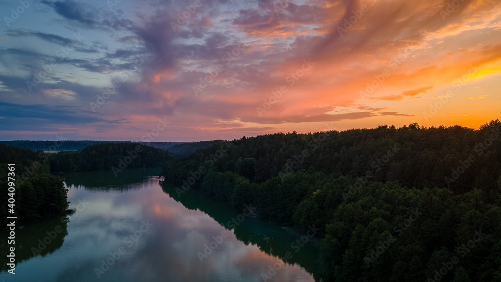 Aerial view of lake Balsys in Verkiai national park in Vilnius by drone