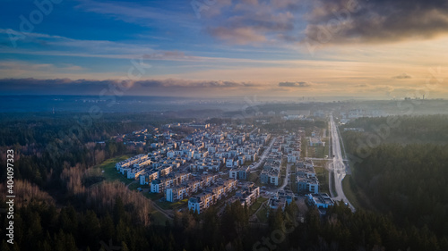 Aerial view of Santariskes living district during sunset by drone © Romas