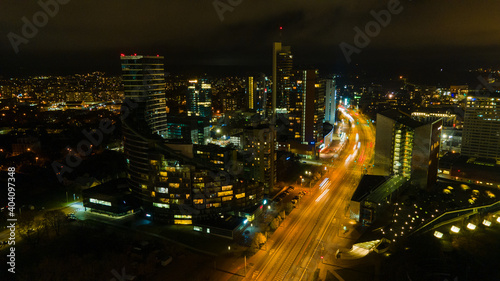 Aerial view of Vilnius panorama at night by drone