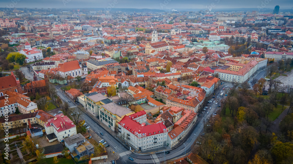 Obraz premium Aerial view of Vilnius old-town by drone