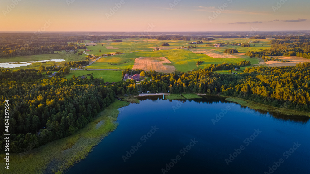 Obraz premium Aerial view of lake Plateliai and SALA resort panorama by drone