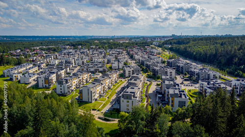 Aerial view of Santariskes living district in Vilnius by drone