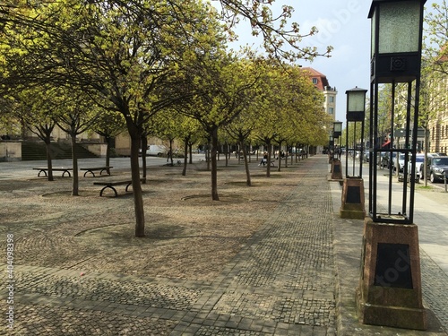 Billede på lærred berlin in spring: a square with benches and paving stones and lanterns