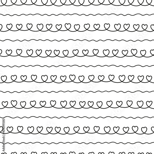 Love hearts background for Valentine's Day. Hand drawn seamless texture, background, pattern with curves lines for textiles, giftware, wallpaper.