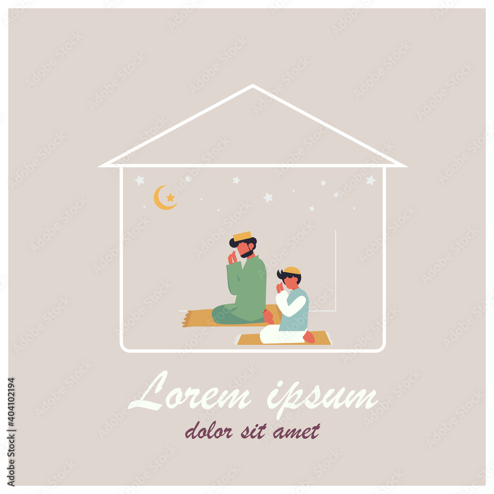 Fototapeta premium Minimal flat vector illustration stay home, stay safe for self quarantine Ramadan Kareem. Eid al-Fitr Mubarak Islamic Feast Greetings.Family pray or duah to God at home in Ramadan holiday.