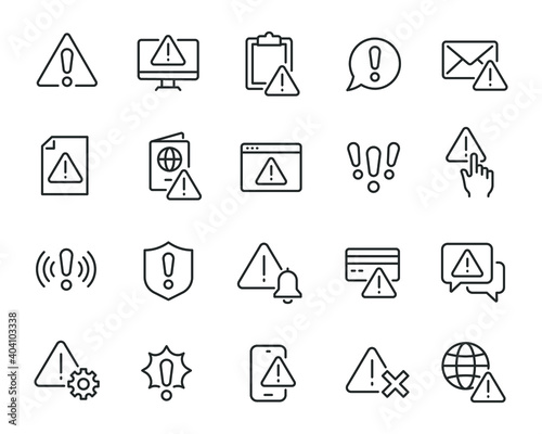 Warning icons set. Collection of linear simple web icons such as Exclamation Mark, Warning Sign, Security, Error, Attack, Stop, Notification and others. Editable vector stroke. photo