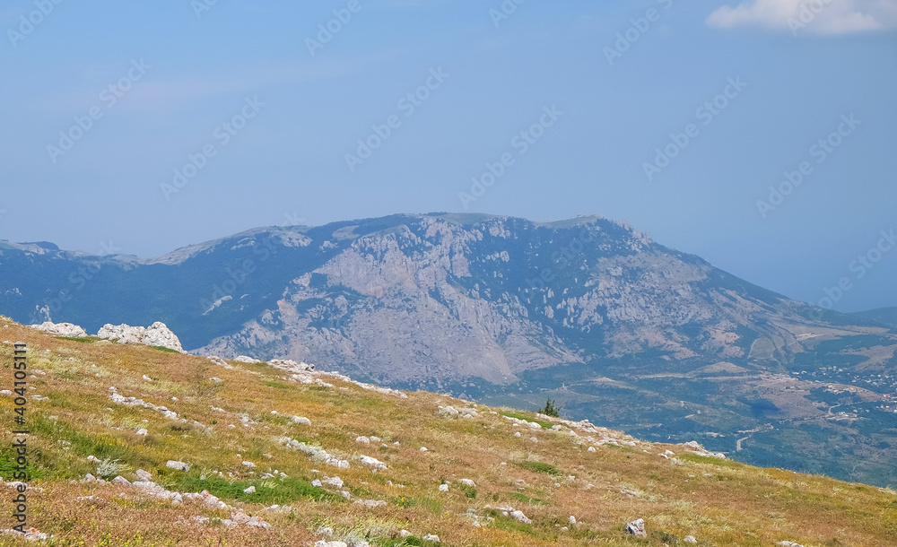 View of the Demerdzhi mountain range from the upper plateau of Chatyr-Dag in Crimea.