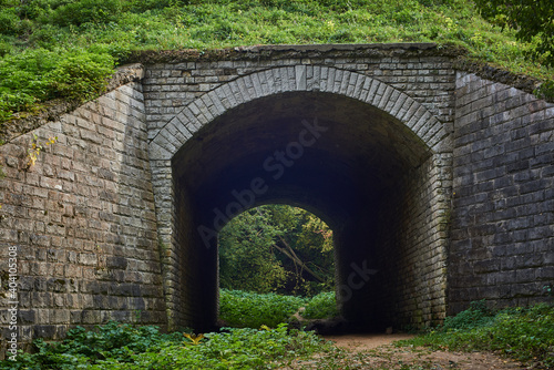 Old abandoned tunnel in the forest.