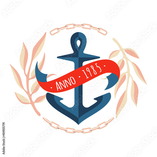 Colorful marine design with marine anchor , flowers, chain frame and lettering elements. Unique t-shirt or bag design, house warming poster, greeting card illustration. Vector lettering series. photo