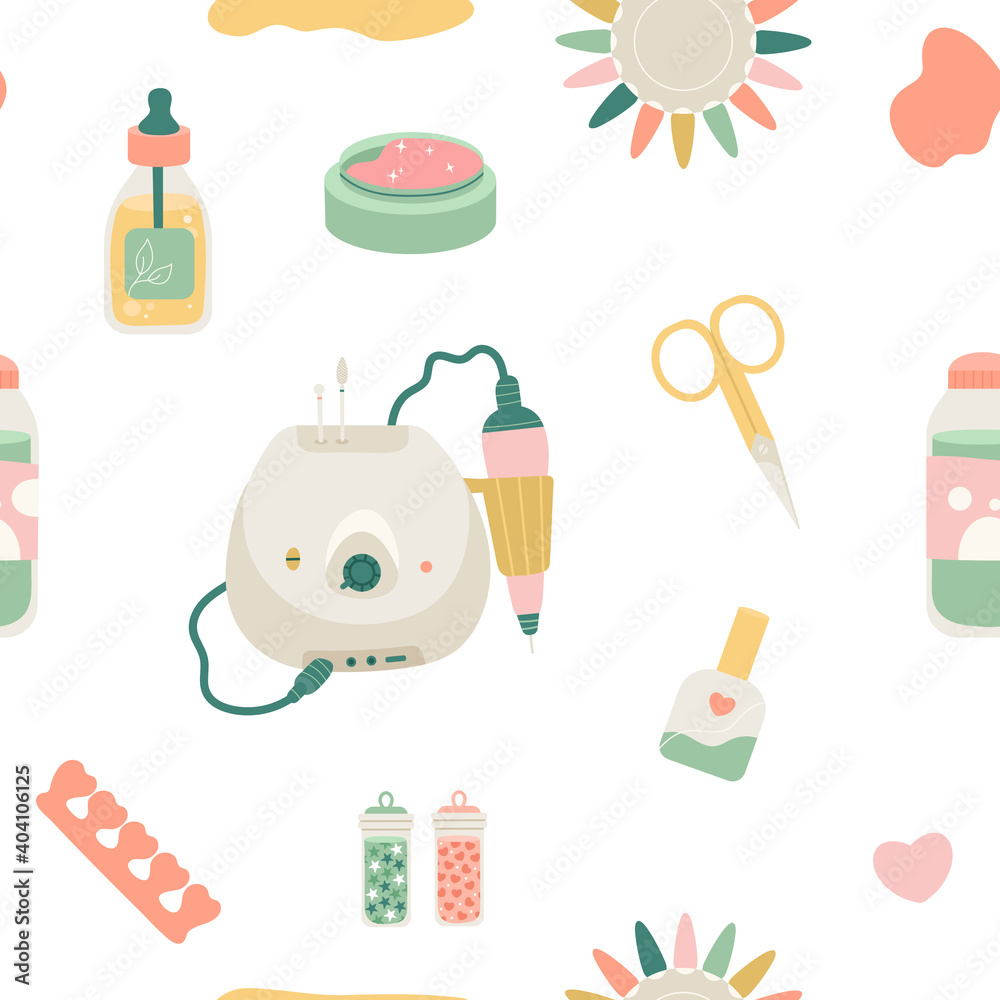 Vector Seamless Pattern with Flat Manicure Tools on White Background.Professional Cute Equipment for Nail and Hand Care in Trendy style.Ornament for Design,Print,Wrapping Paper, Wallpaper,Textile.